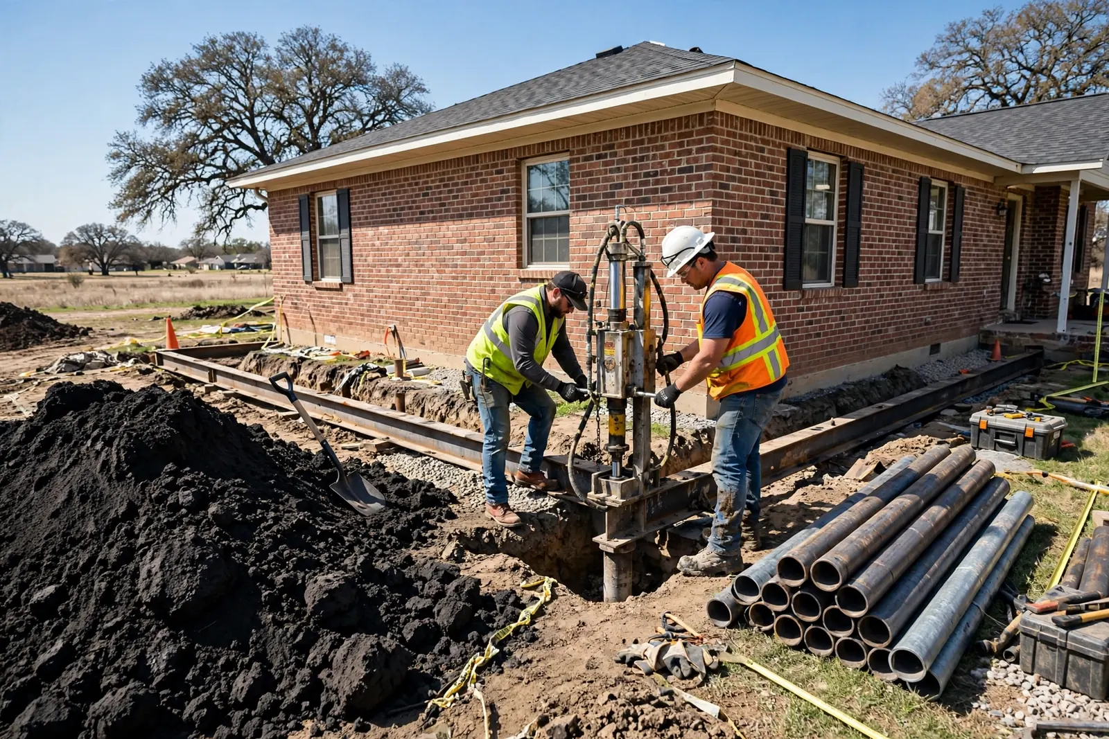 Ironroot crew driving steel piers beside a Burleson brick home